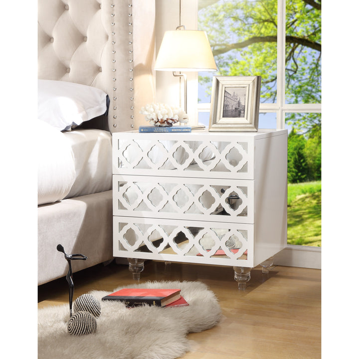 24" Clear and White Mirrored End Table with Three Drawers