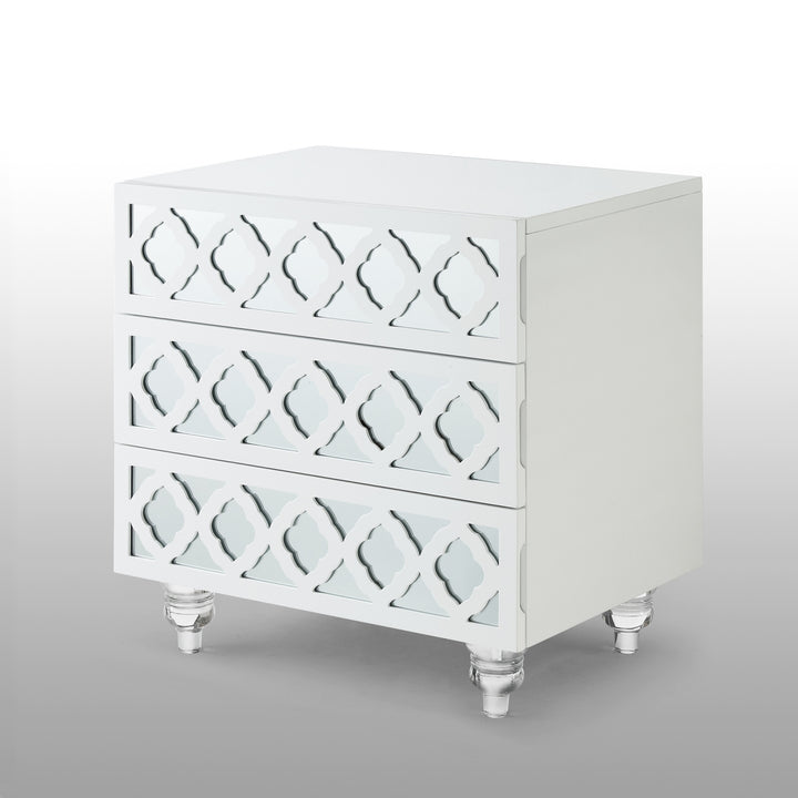 24" Clear and White Mirrored End Table with Three Drawers