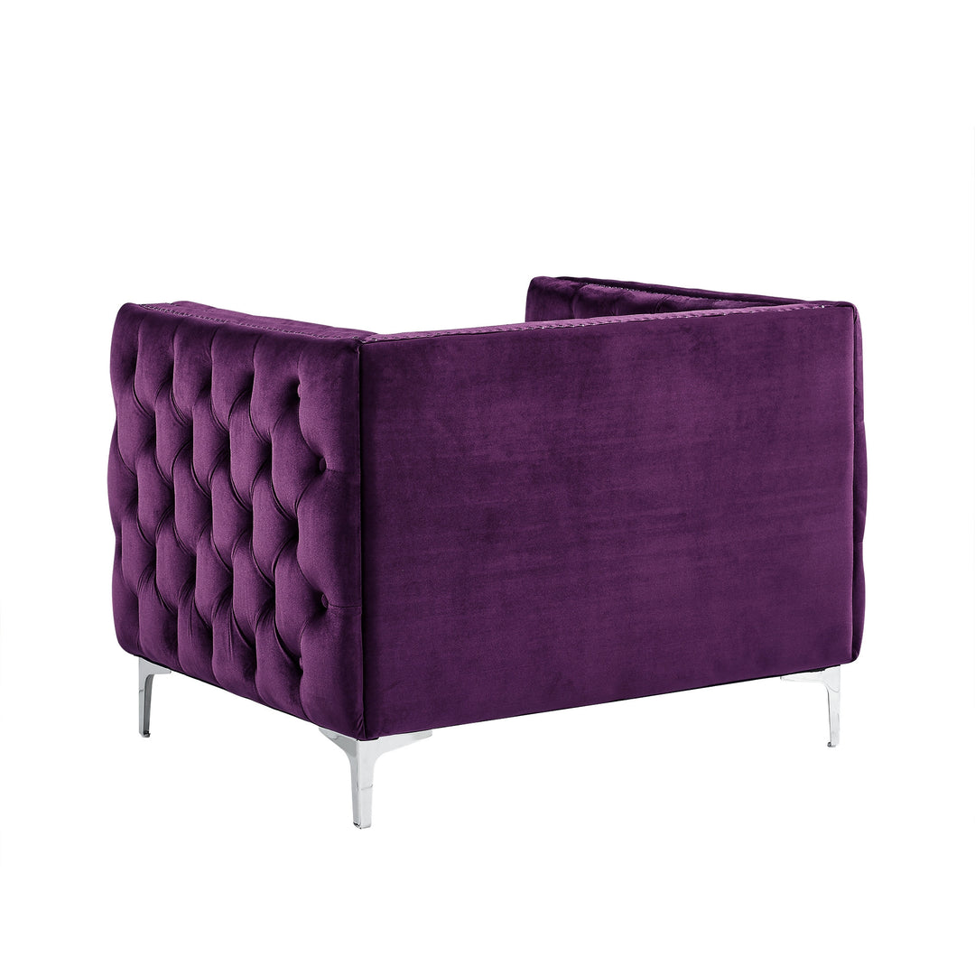 35" Purple And Silver Velvet Tufted Club Chair