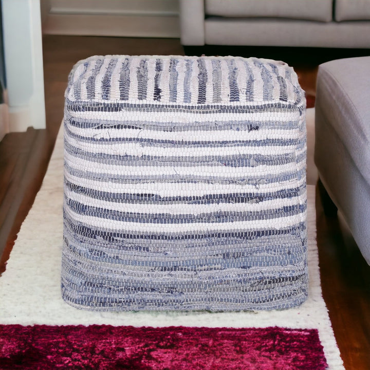 18" Blue Cotton Cube Striped Pouf Ottoman