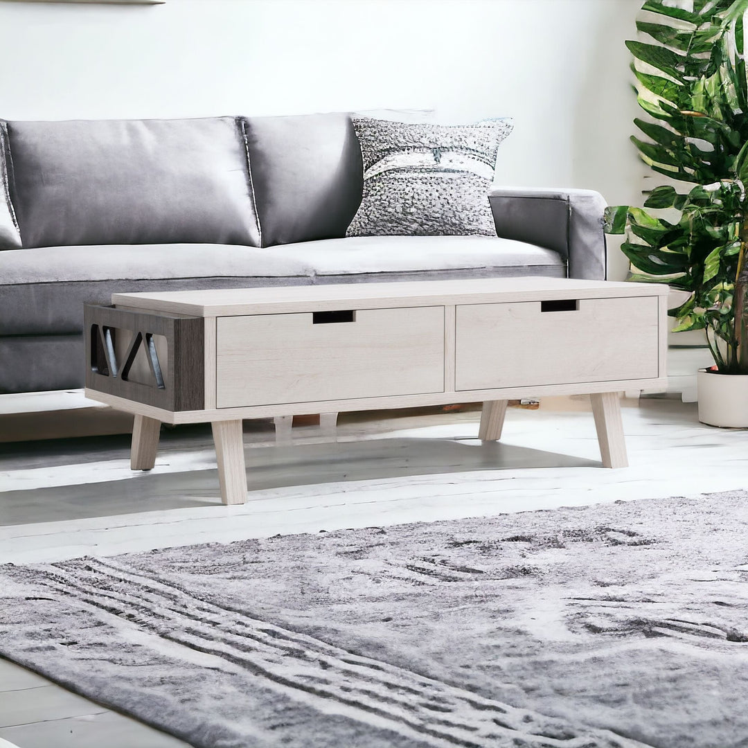 47" Gray Distressed Coffee Table With Two Drawers And Shelf