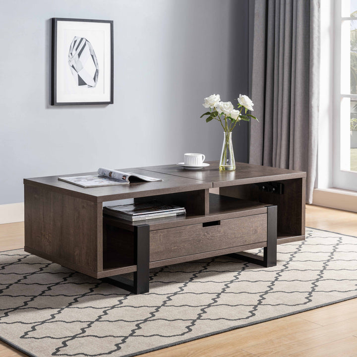 47" Brown And Black Lift Top Coffee Table With Drawer And Shelf