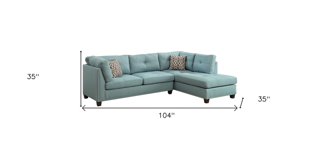 Teal Blue Linen L Shaped Two Piece Sofa and Chaise