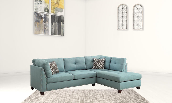 Teal Blue Linen L Shaped Two Piece Sofa and Chaise