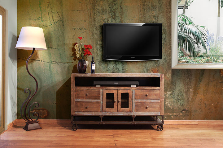 62" Brown Solid Wood Cabinet Enclosed Storage Distressed TV Stand