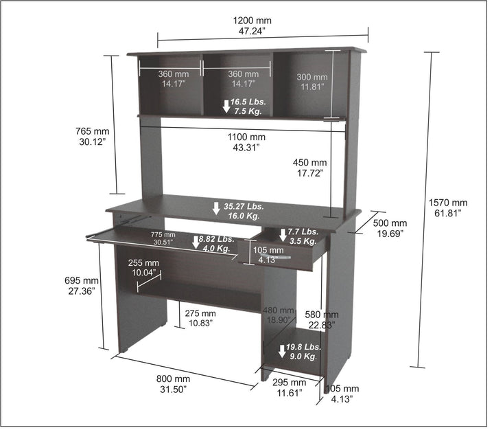 61.8" Espresso Melamine and Engineered Wood Computer Desk with Hutch