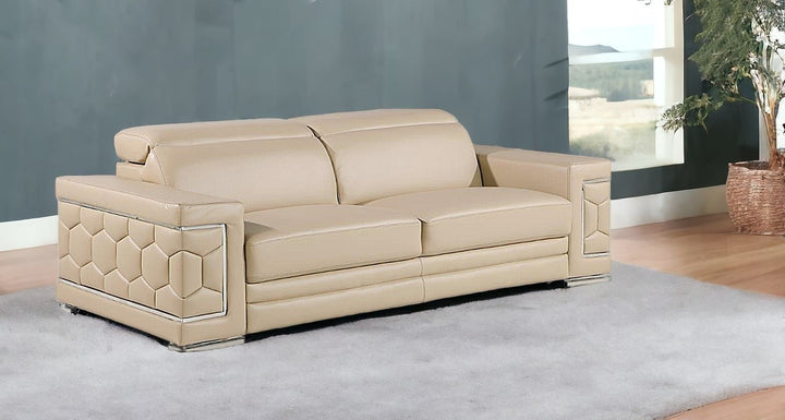 89" Beige And Silver Leather Sofa