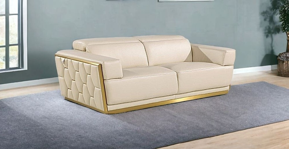 89" Beige And Gold Leather Sofa