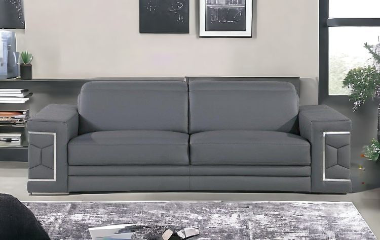 89" Gray And Silver Leather Sofa