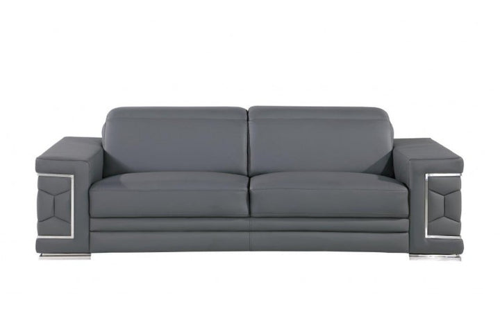 89" Gray And Silver Leather Sofa