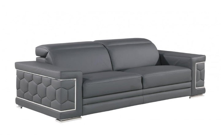 89" Gray And Silver Leather Sofa