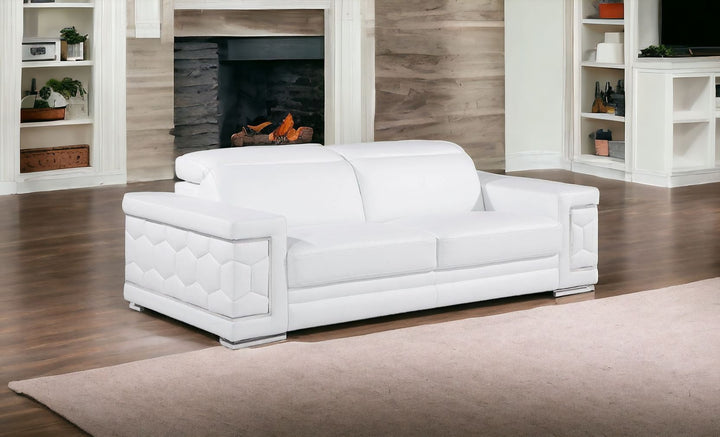 89" White And Silver Leather Sofa