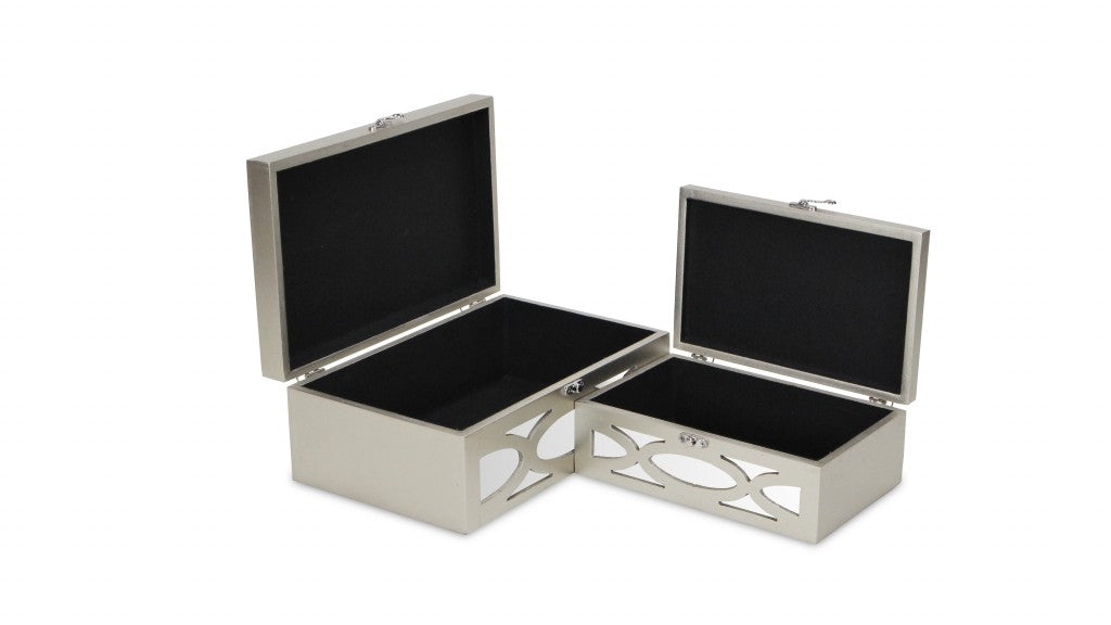 Set of Two Tan Oval Scroll Mirror Jewelry Storage Boxes