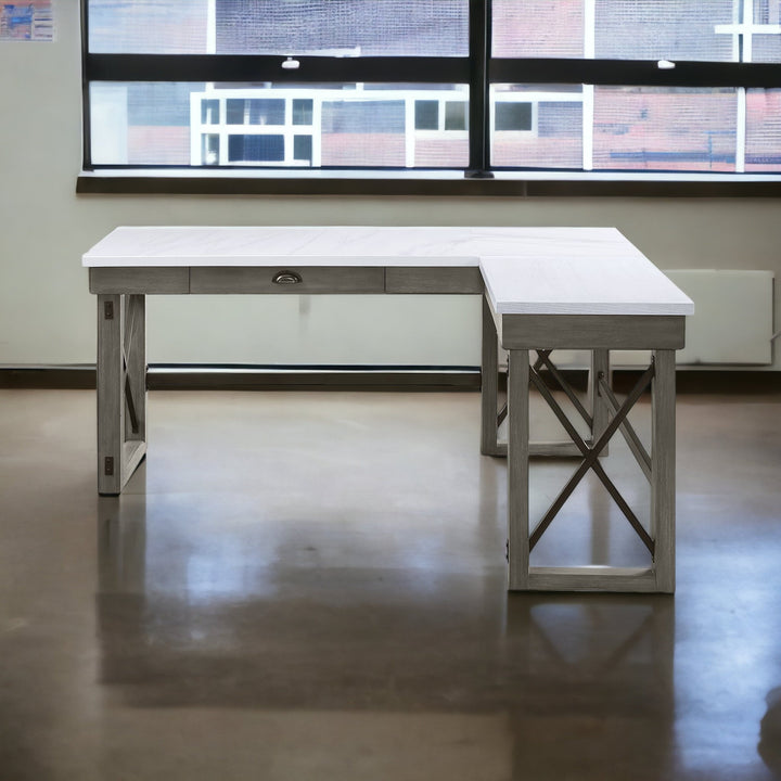 67" White and Gray Marble L Shape Writing Desk