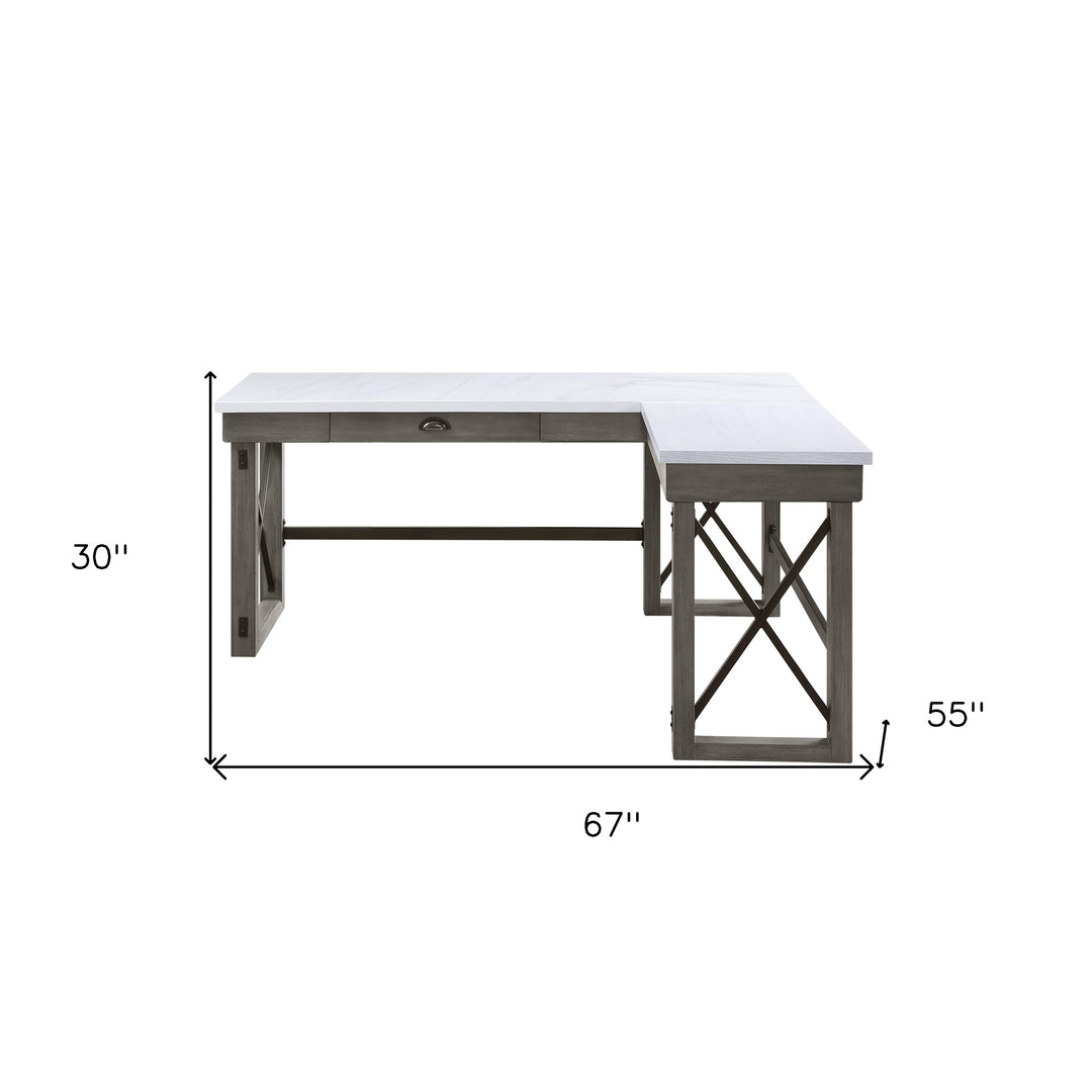 67" White and Gray Marble L Shape Writing Desk