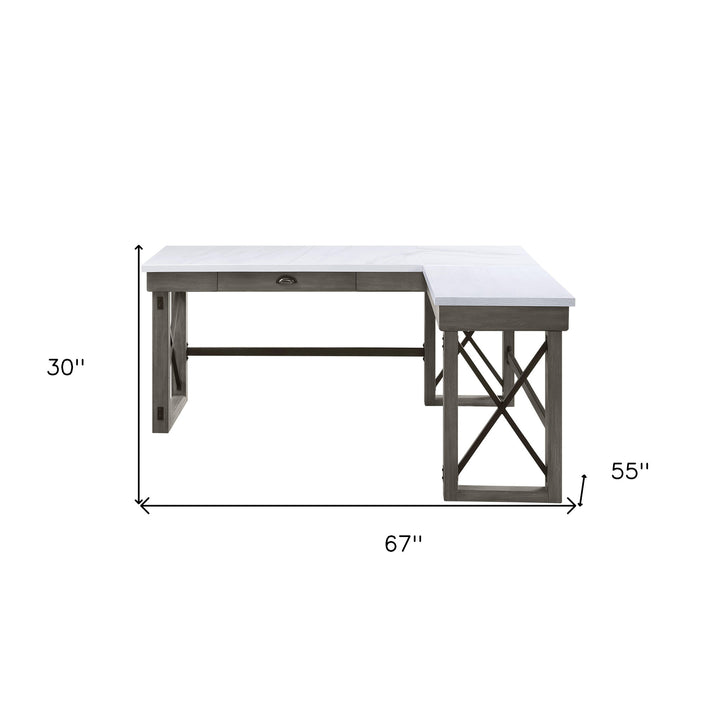 67" White and Gray Marble L Shape Writing Desk