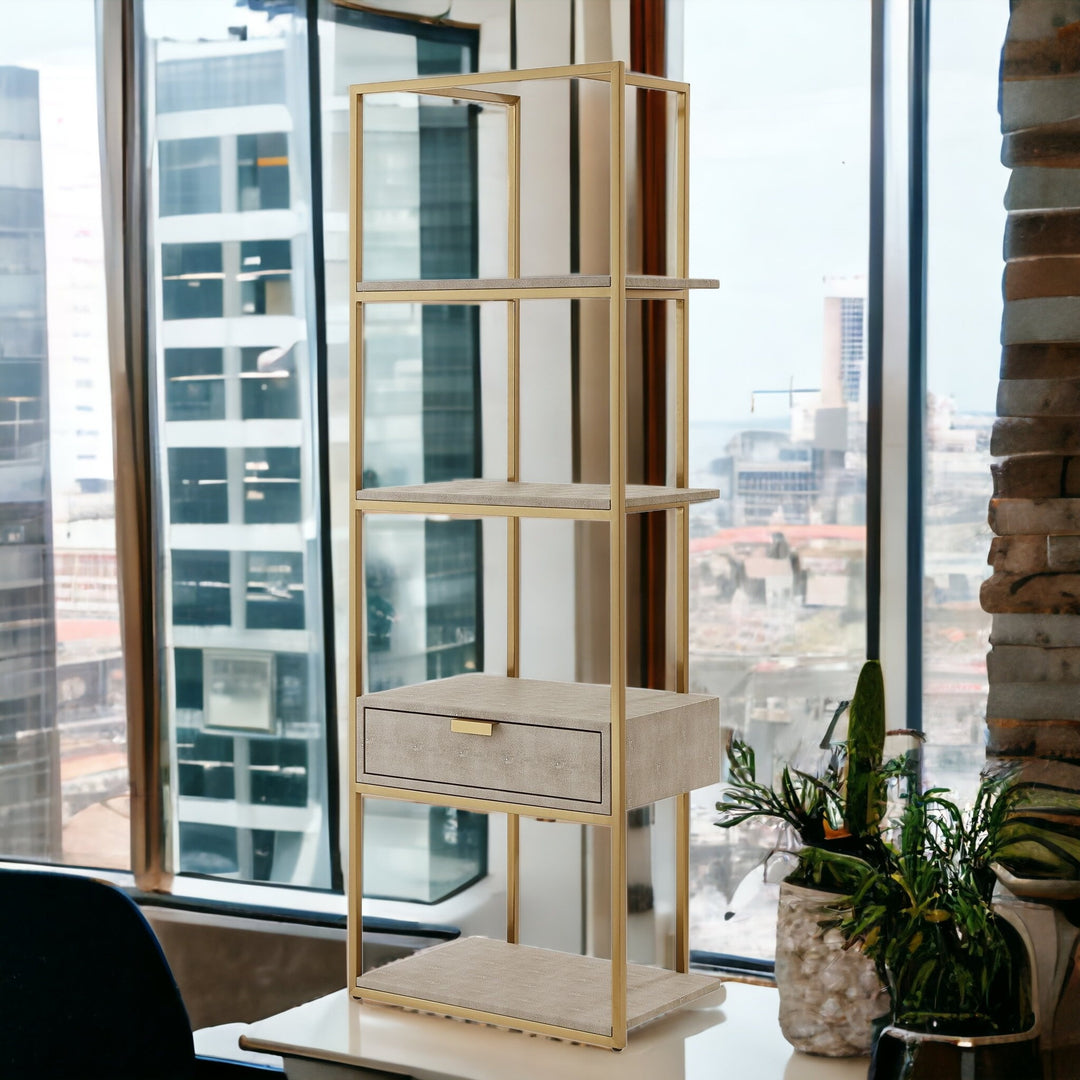 68" Cream Stainless Steel Four Tier Etagere Bookcase with a drawer