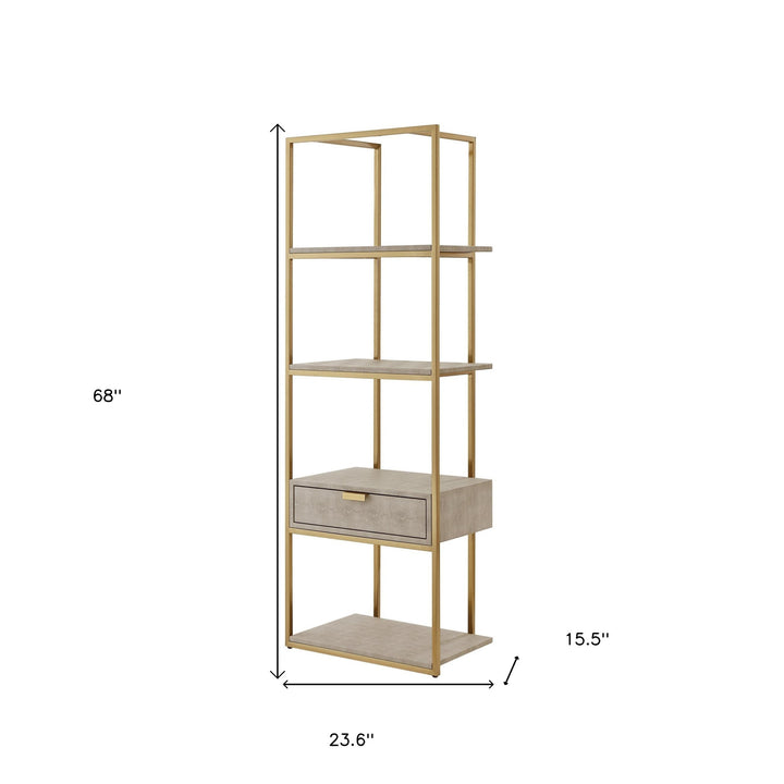 68" Cream Stainless Steel Four Tier Etagere Bookcase with a drawer