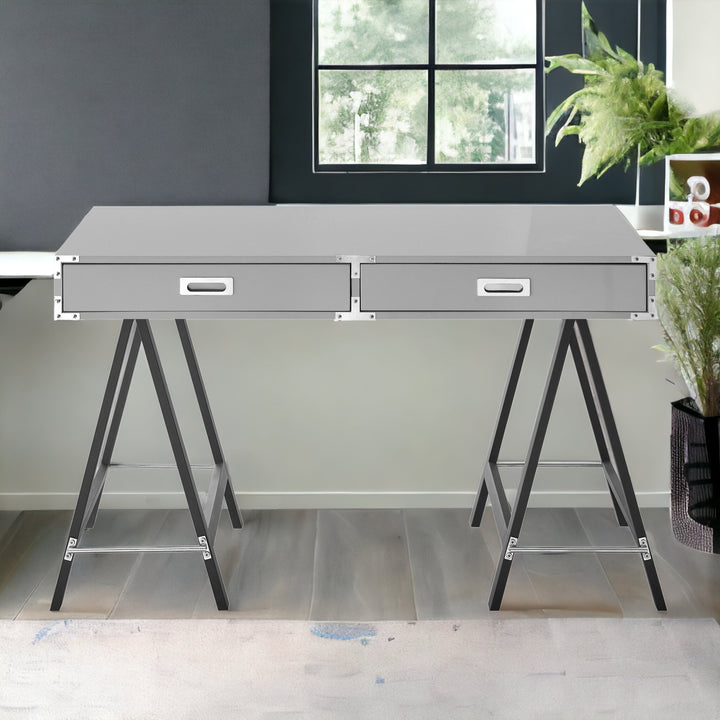 47" Light Gray and Black Writing Desk With Two Drawers