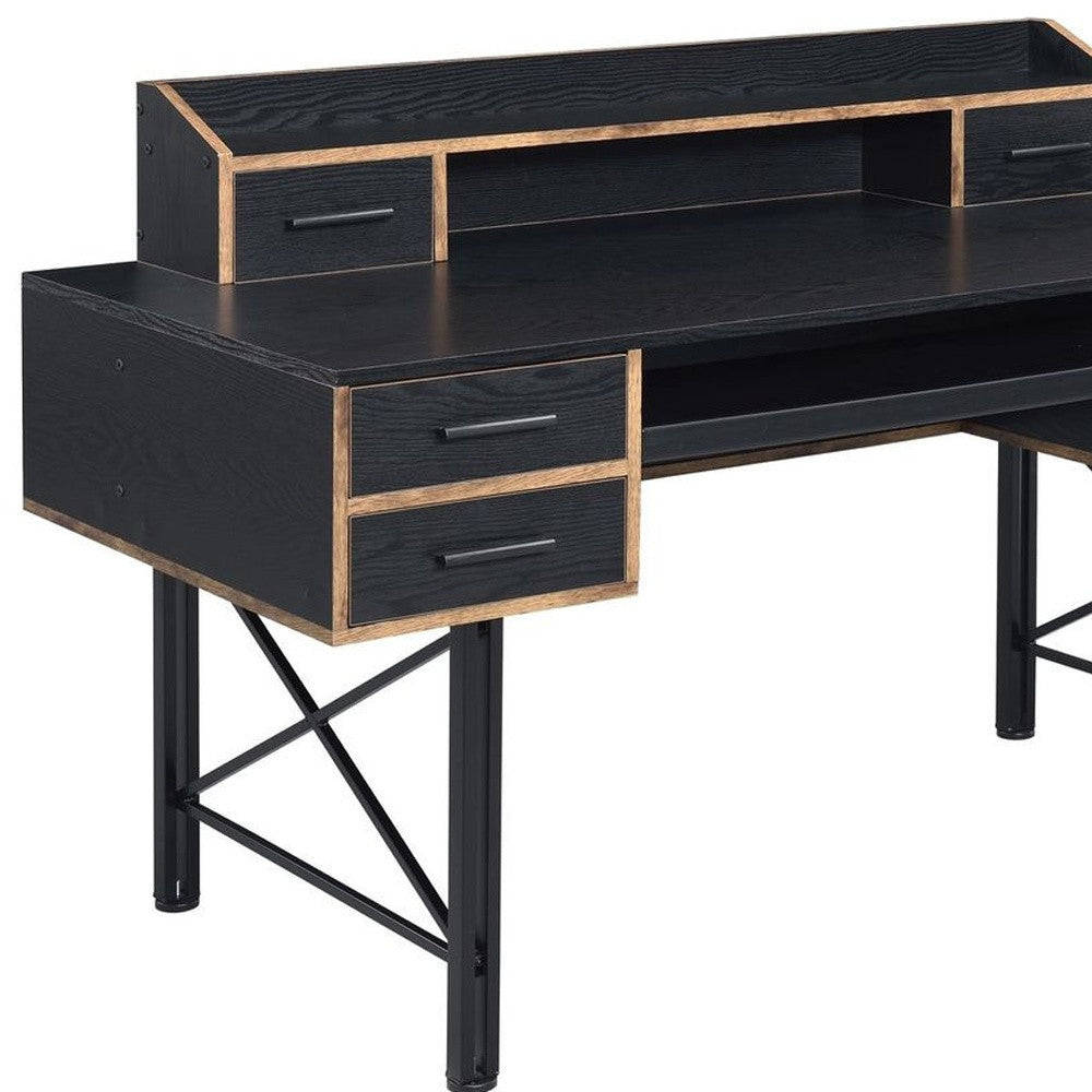 59" Black Computer Desk With Five Drawers