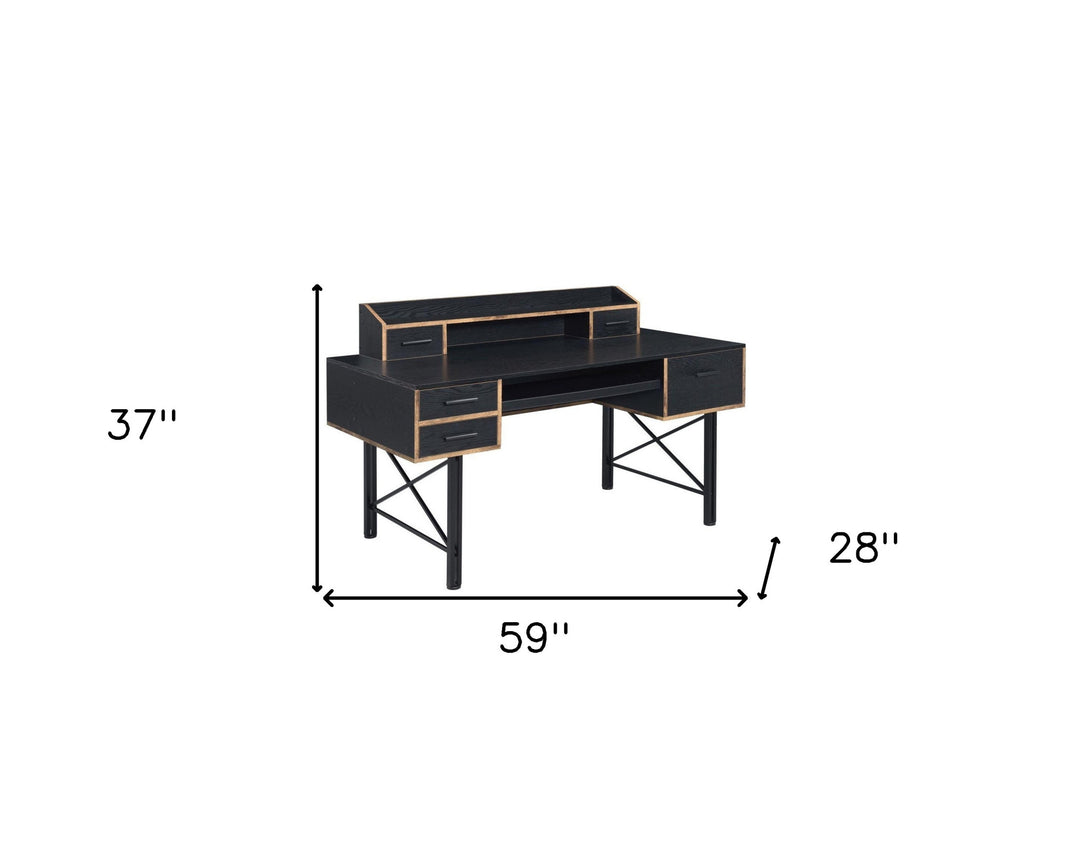 59" Black Computer Desk With Five Drawers