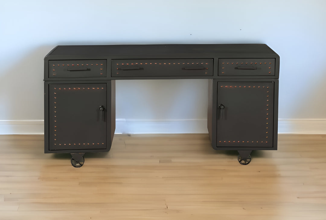 63" Gray Metal Executive Desk With Two Cabinets Three Drawers