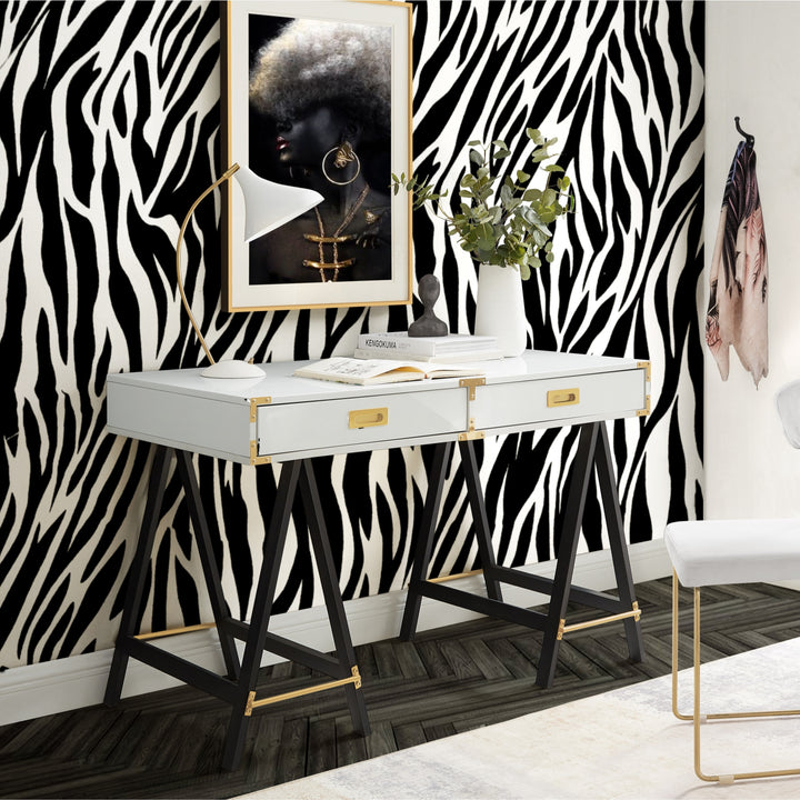 47" White and Black Writing Desk With Two Drawers