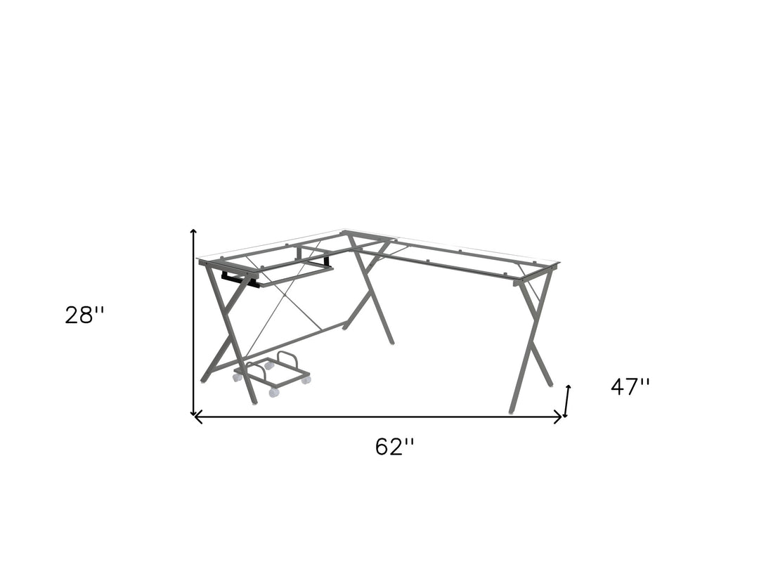 62" Clear and Gray Glass L Shape Computer Desk