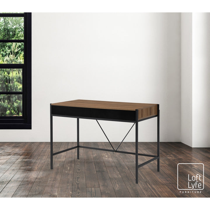 43" Wood Brown and Black Writing Desk With Two Drawers