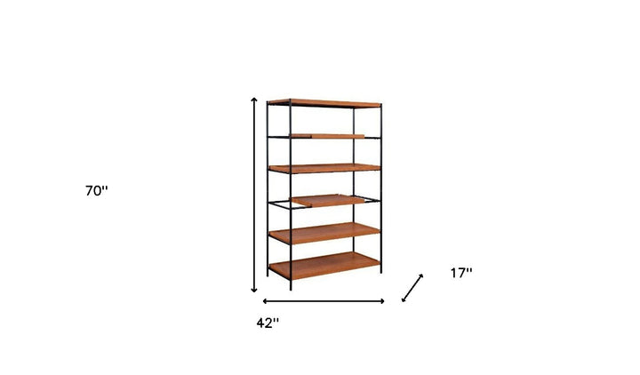 70" Brown and Black Metal Six Tier Etagere Bookcase