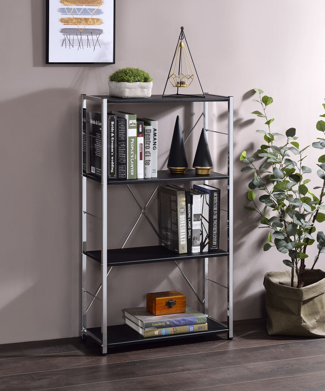 42" Black and Silver Metal Four Tier Etagere Bookcase