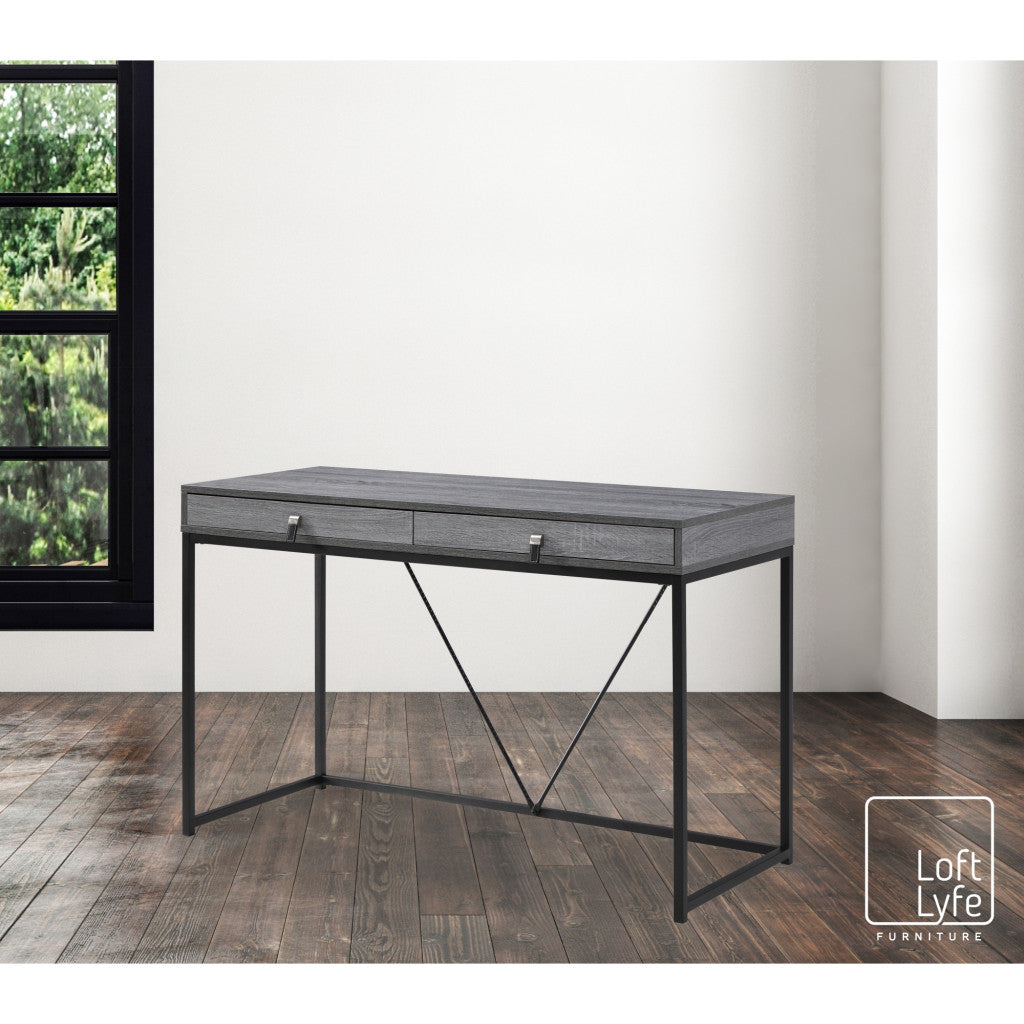 47" Gray and Black Writing Desk With Two Drawers