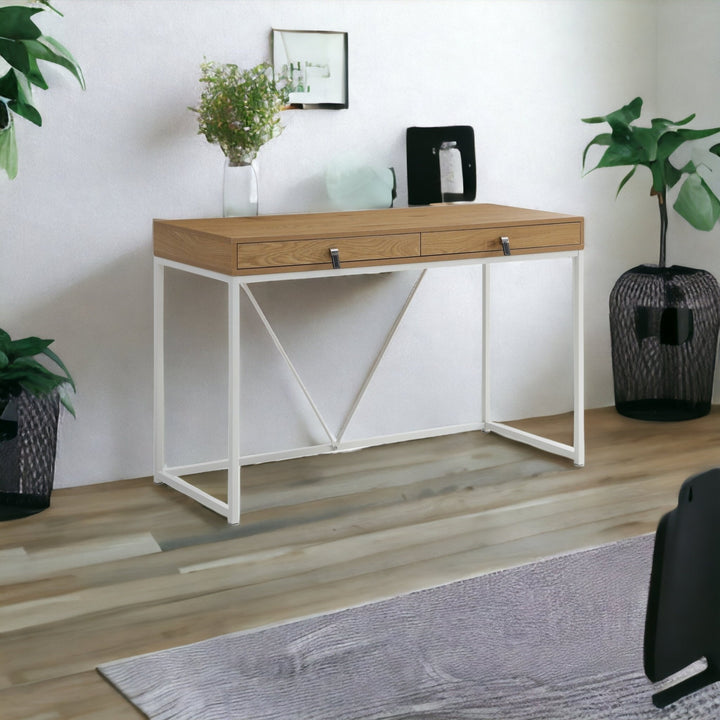 47" Natural and White Writing Desk With Two Drawers