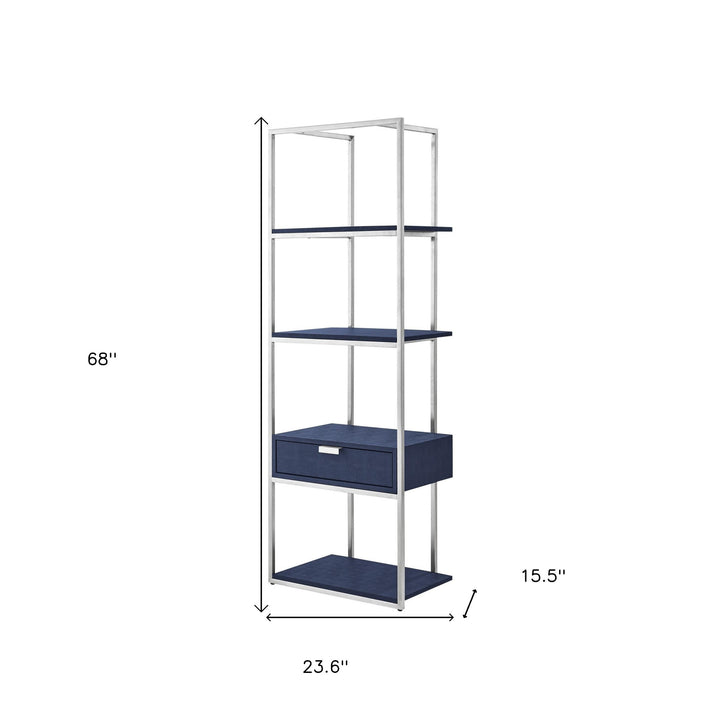 68" Navy Blue Stainless Steel Four Tier Etagere Bookcase with a drawer