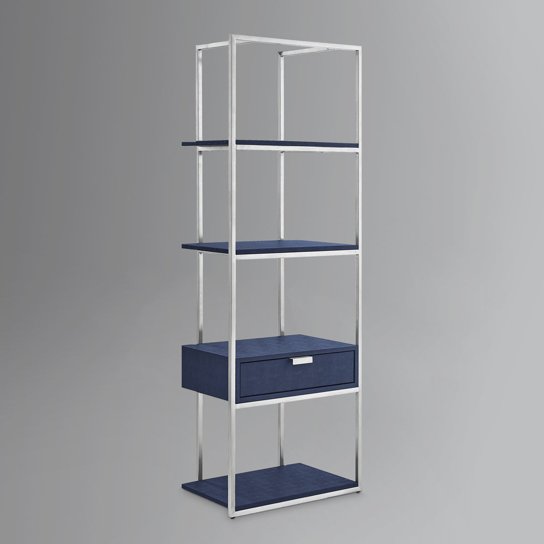 68" Navy Blue Stainless Steel Four Tier Etagere Bookcase with a drawer