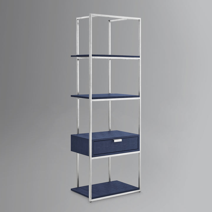 68" Navy Blue Stainless Steel Four Tier Etagere Bookcase with a drawer