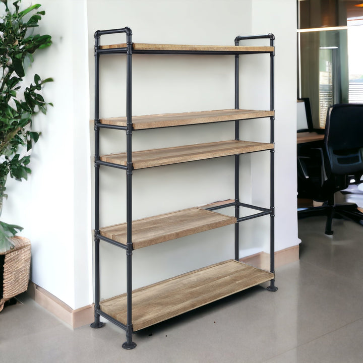 65" Brown and Black Metal Five Tier Etagere Bookcase