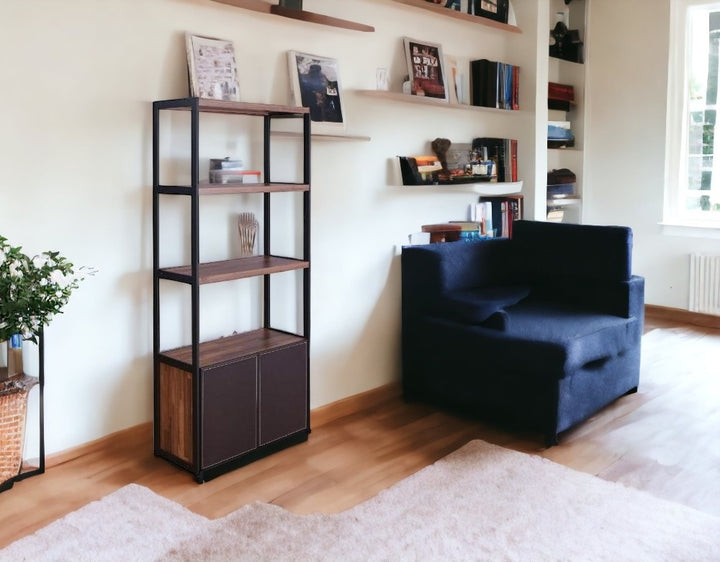 70" Brown and Black Metal Three Tier Bookcase with Two doors