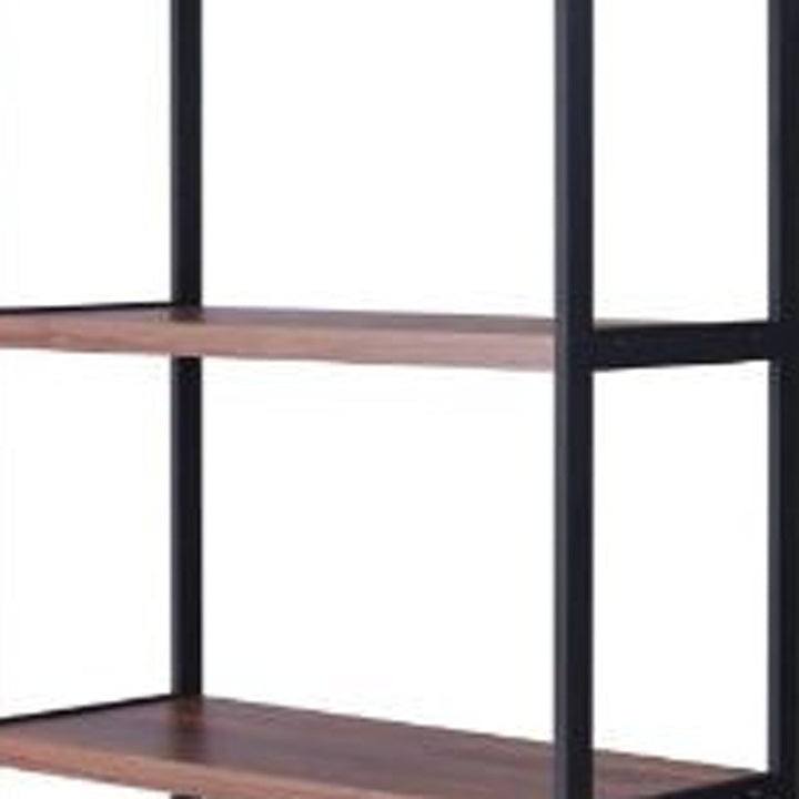 70" Brown and Black Metal Three Tier Bookcase with Two doors