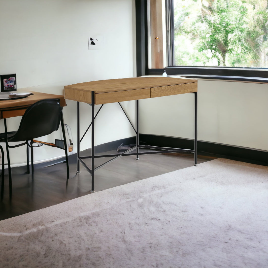 45" Natural and Black Half Circle Writing Desk With Two Drawers