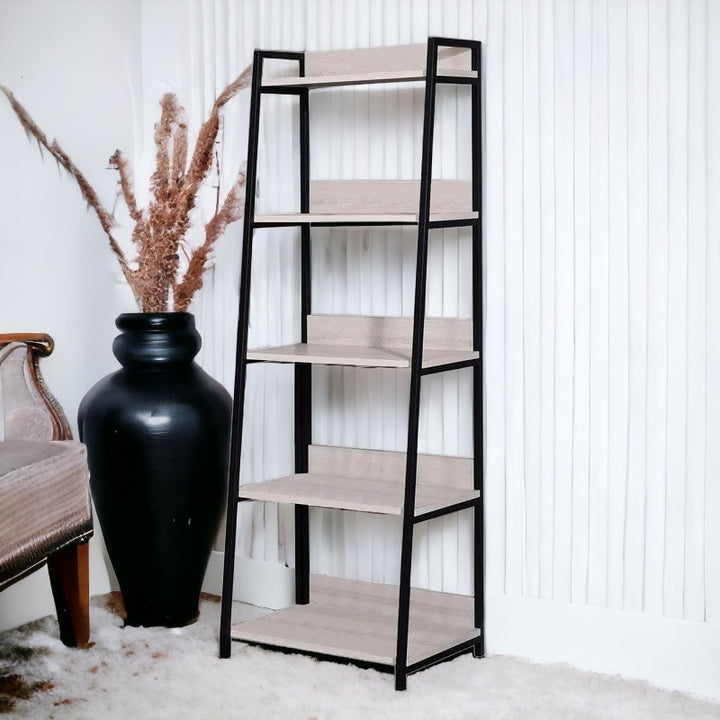 67" Natural and Black Metal Five Tier Ladder Bookcase