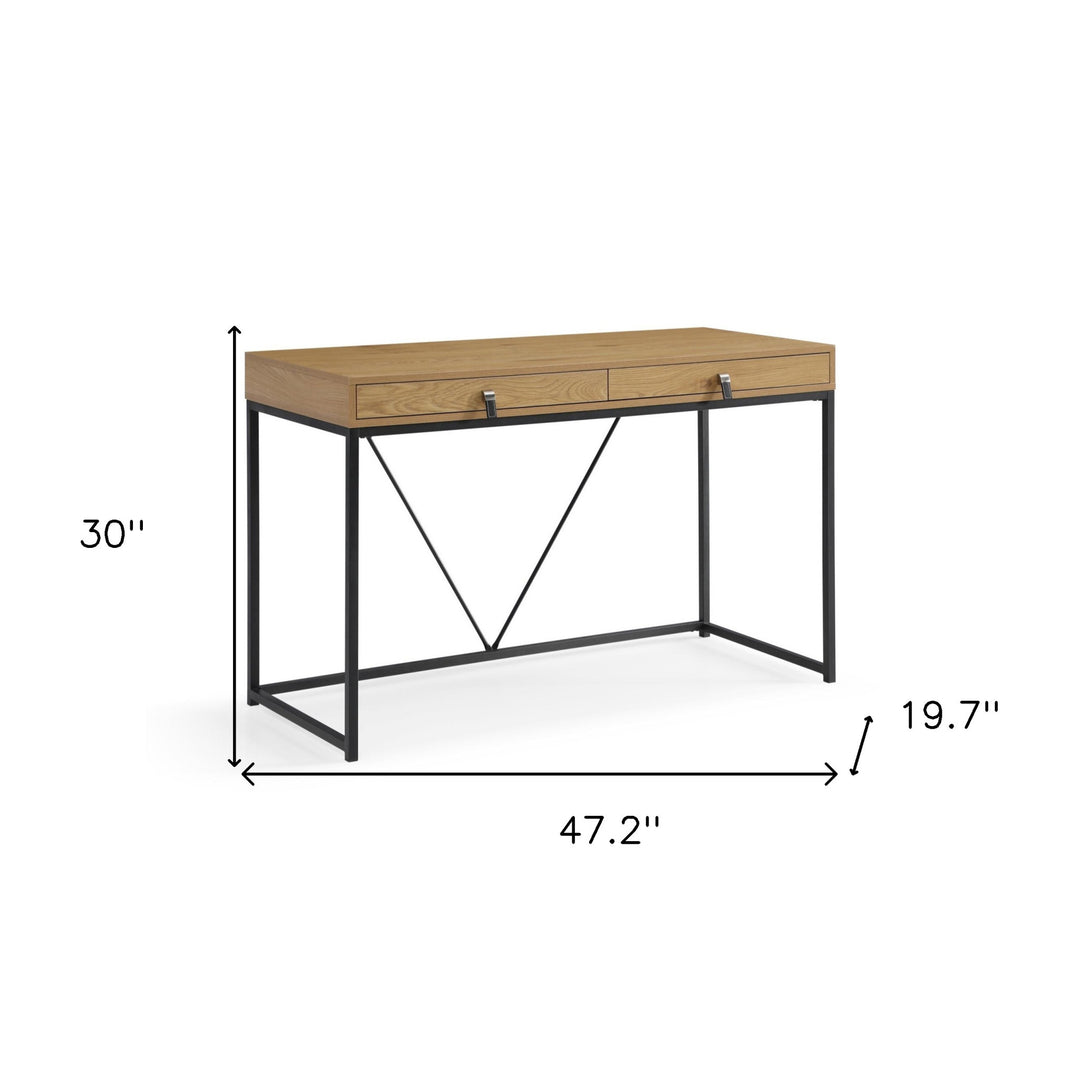 47" Natural and Black Writing Desk With Two Drawers