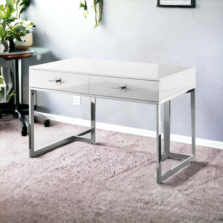 47" White and Silver Metallic Writing Desk With Two Drawers