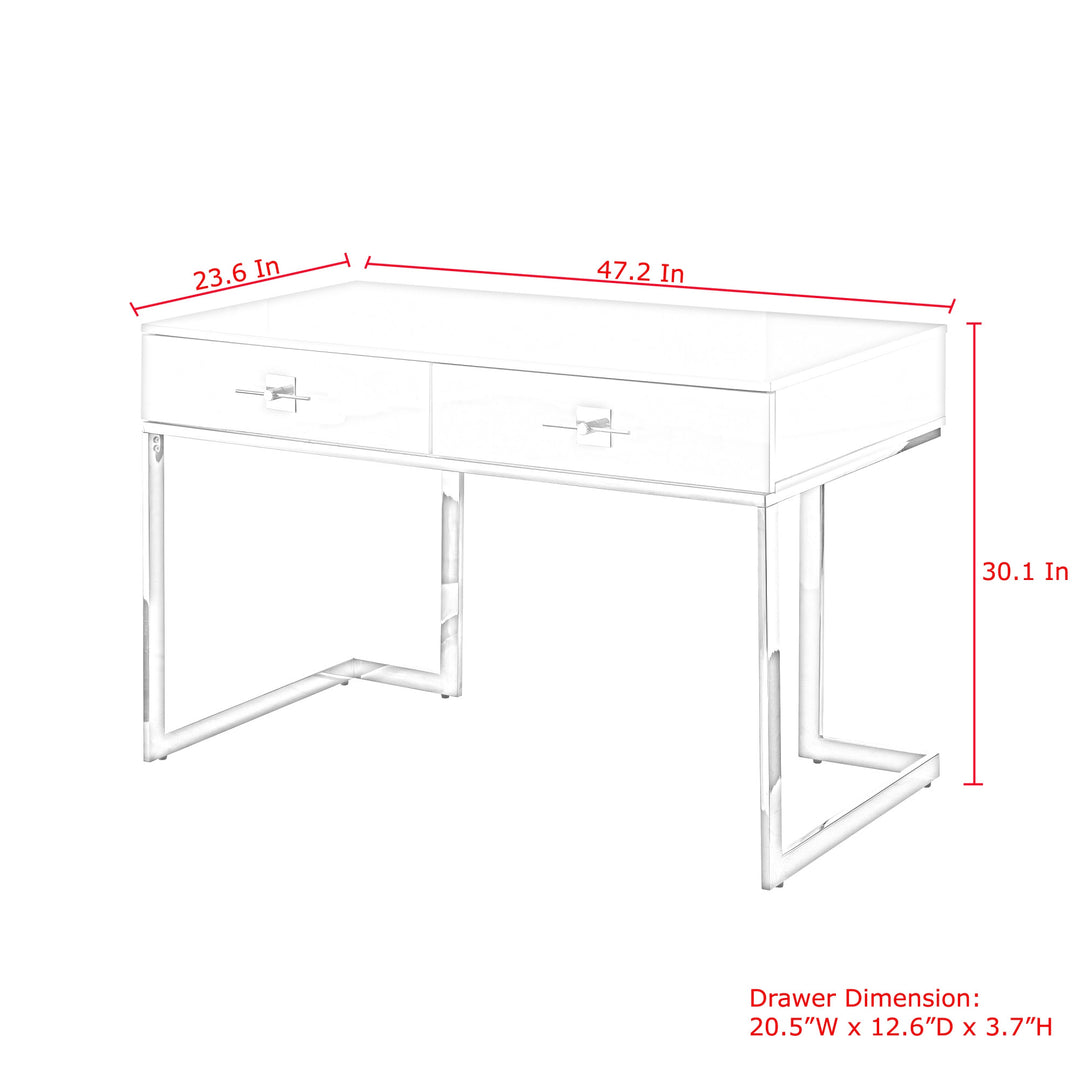 47" White and Silver Metallic Writing Desk With Two Drawers