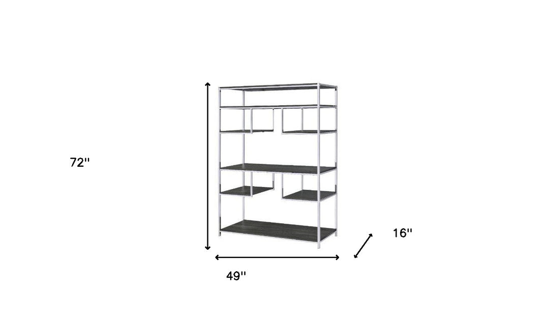 72" Gray and Silver Metal Seven Tier Geometric Bookcase