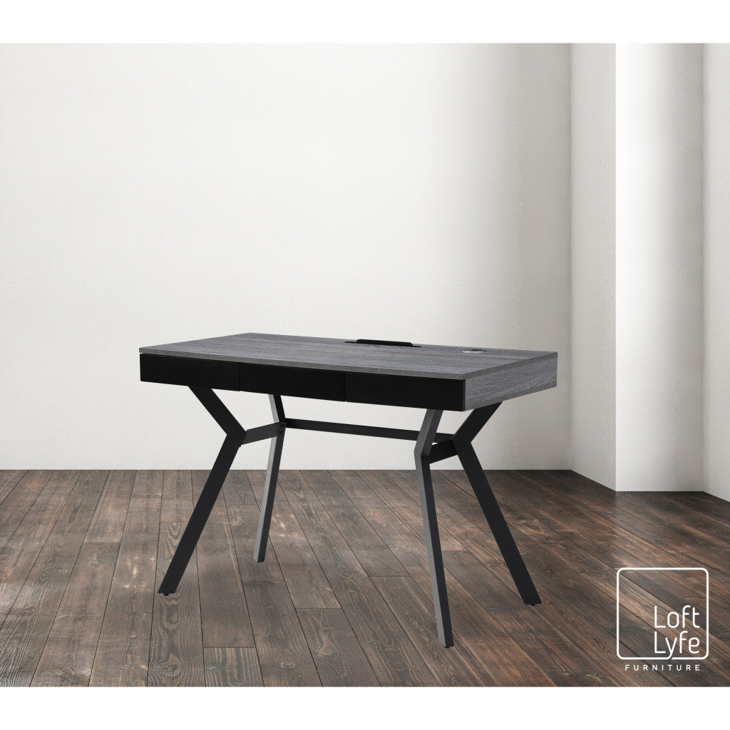 43" Gray and Black Writing Desk With Three Drawers