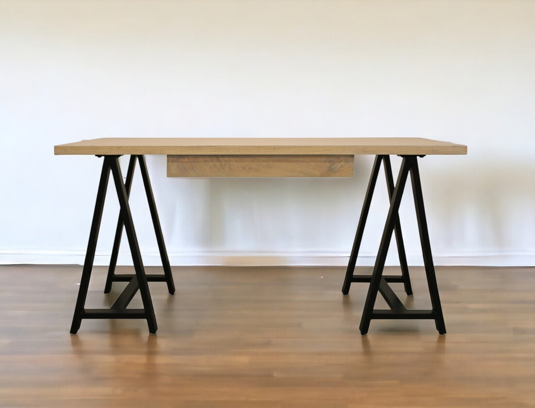 60" Ivory And Black Oak Solid Wood Executive Desk