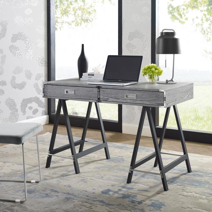 47" Gray and Black Writing Desk With Two Drawers