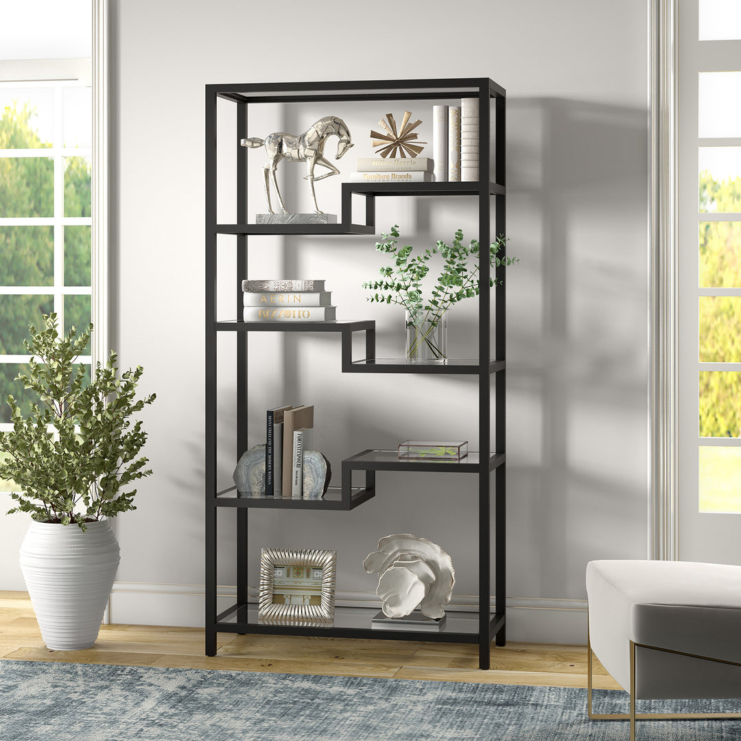 68" Black Metal and Glass Seven Tier Etagere Bookcase