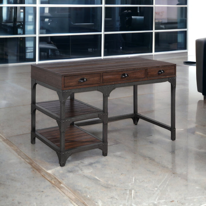 47" Espresso and Gray Writing Desk With Three Drawers